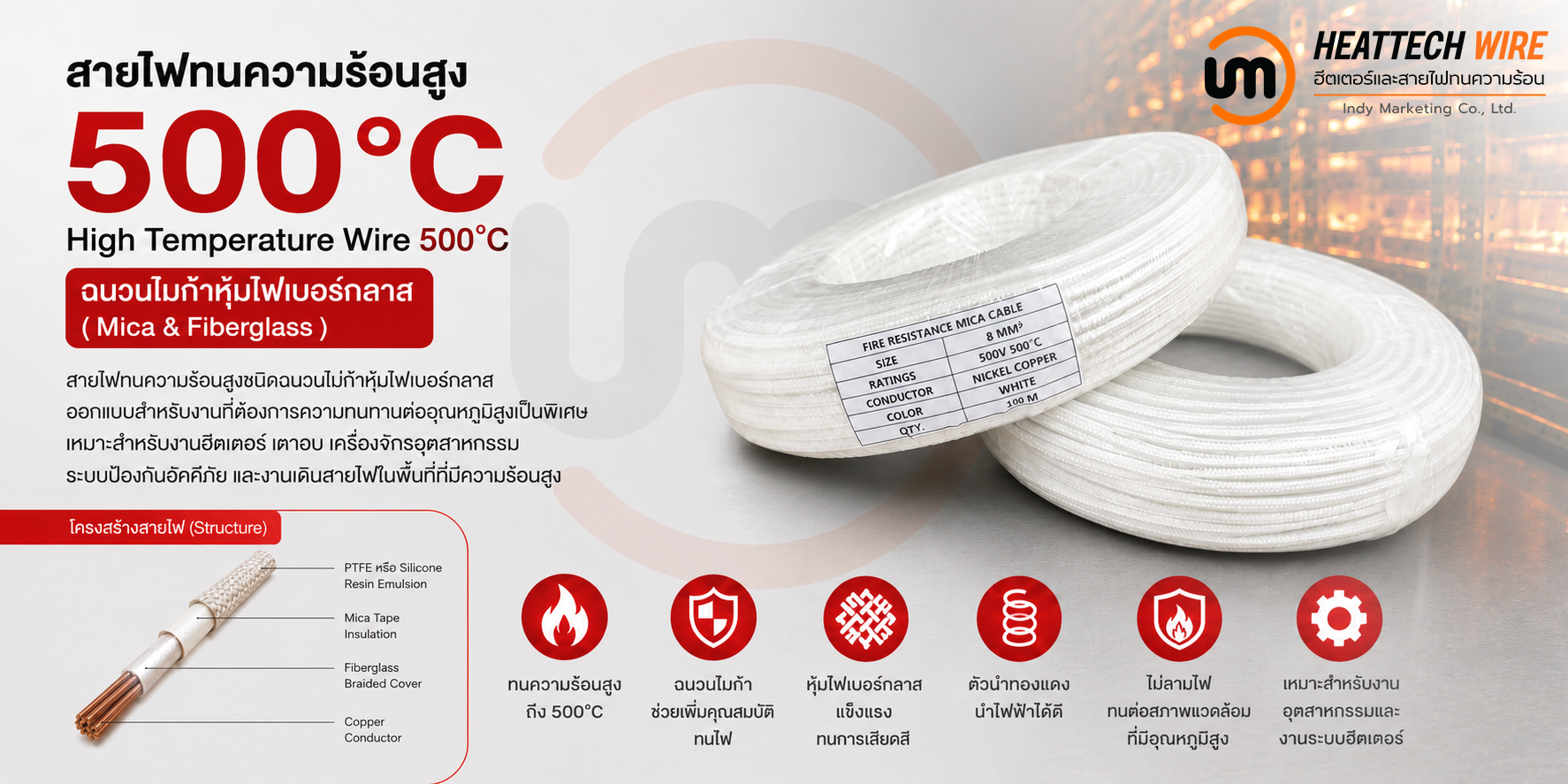 สายไฟทนความร้อน 500 องศา Fiberglass Wire สำหรับงานอุตสาหกรรมอุณหภูมิสูง