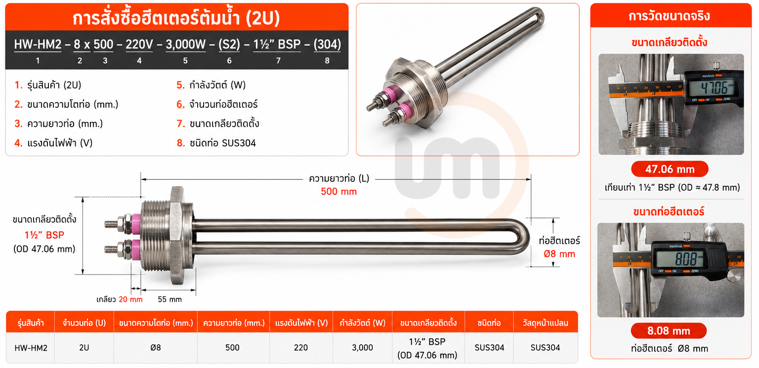 การวัดขนาด การสั่งซื้อฮีตเตอร์ต้มน้ำแบบจุ่ม Immersion Heater 